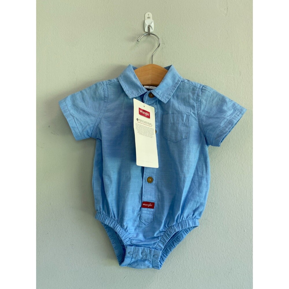 NWT Wrangler Baby Toddler Blue Chambray Short Sleeve Shirt Buttons 9M